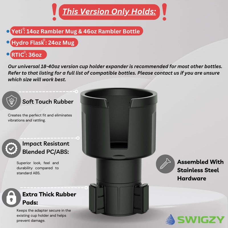 Swigzy موسع حامل أكواب السيارة واسع للغاية من Swigzy - مصنوع من أجل يتي 14oz و46oz قارورة مائية Rambler Hydro قارورة 24oz كوب RTIC 36oz - موسع إدراج المحول قابل للتوسيع وقابل للتعديل - Image 2